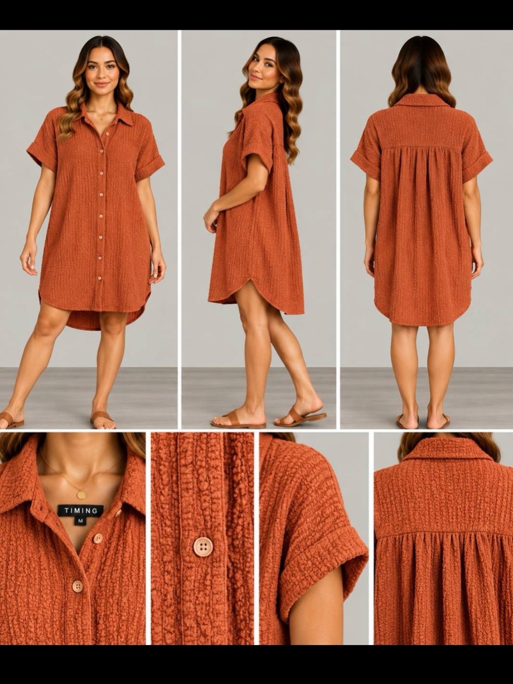TIMING Rust Button-Front Textured Swim Cover-Up woman pockets size M